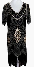 Black Gold Sequin Beaded Flapper Short Sleeve Dress Halloween Costume Size XXL