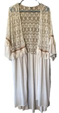 Cream Lace Kimono Duster With Fringe Hippie Artsy Cottage Boho Long Top Size L