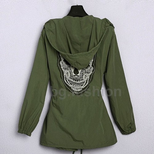 Retro Women Skull Back Military Parka Autumn Trench Hooded Coat Jacket Outerwear - Picture 5 of 10