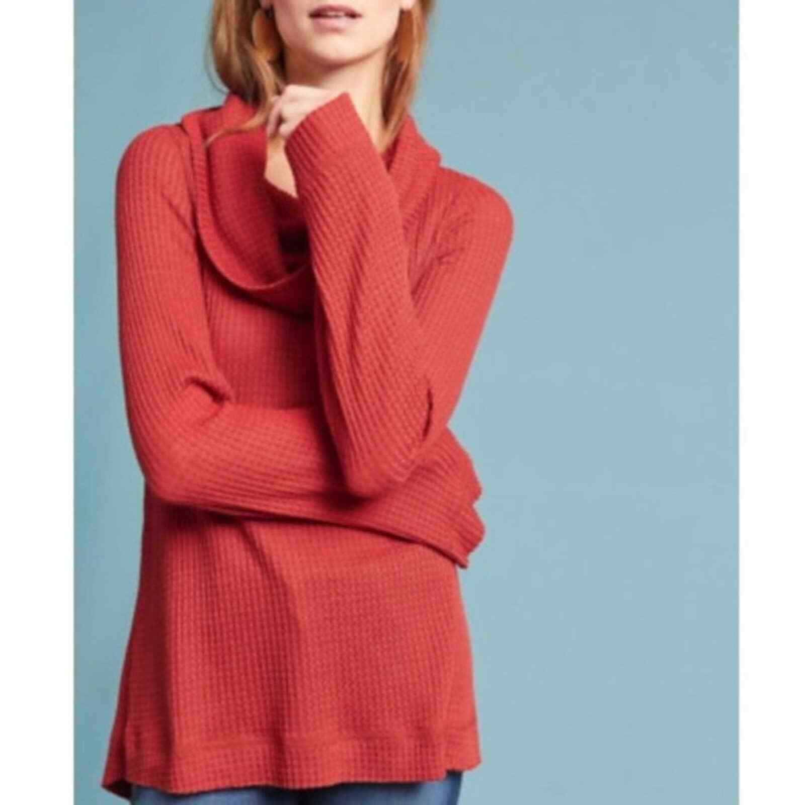 Rust Waffle Knit Cowl Neck Sweater 
