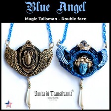 Talisman Amulet Blue Angel Queen Crown Rhinestone Scarab Necklace Pendant Wings