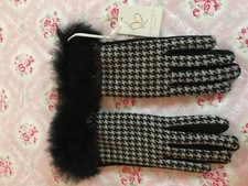 NEW Pair Women's Black Ecru Wool Winter Gloves Fur Trim Beverly piarossini S/M