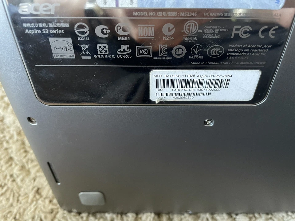 Acer Aspire S3 Core i5-2467M Laptop 4GB RAM 60GB SSD Windows 10 *DEAD BATTERY - Image 4 of 4