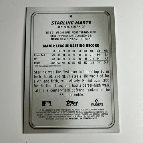 STARLING MARTE : MLB 2022 - BOWMAN PLATINUM ICE FOILBOARD - CARD # 56 - Picture 2 of 2