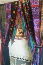 2 Pcs Indian Sari Patchwork Curtain Drape Window Decor Multi Silk Sari Curtain