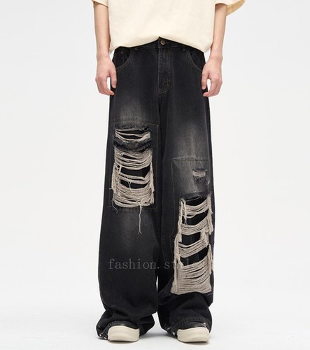 Men's Blue Black Denim Jeans Straight Leg Ripped Holes Pants Punk Hip Hop Casual - Picture 17 of 26