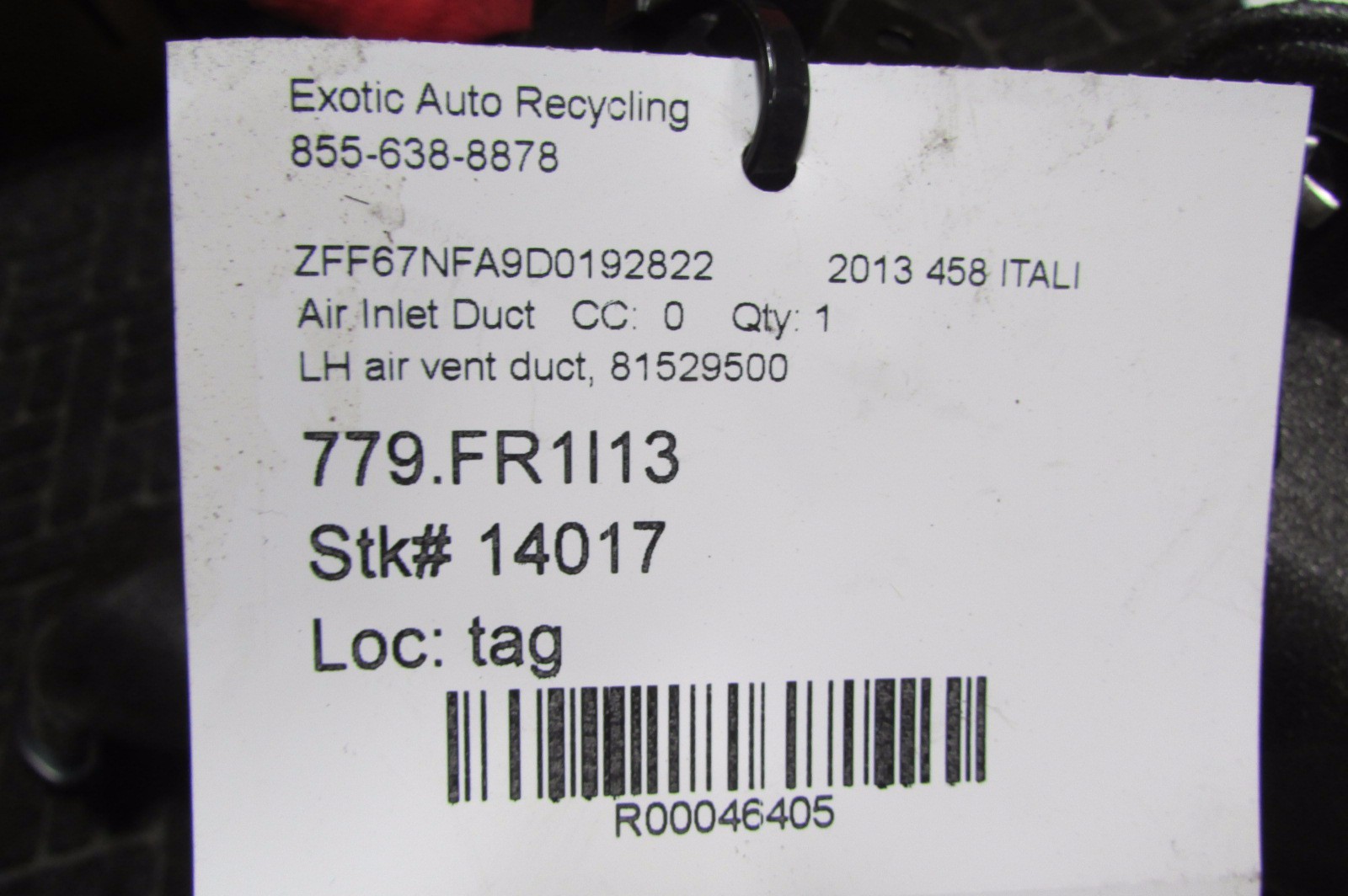 Ferrari 458 Italia, LH, Left Air Vent Duct, 81529500