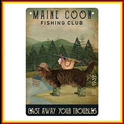 Cat Goes Fishing Vintage Metallplatte Blechschild Plaque für Bar Club Cafe Poste