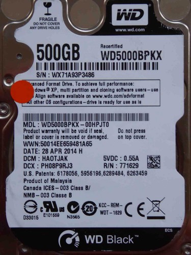 Western Digital WD5000BPKX-00HPJT0 / HA0TJAK / 28 APR 2014 WD Black 500GB