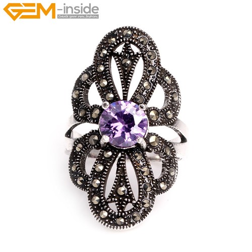 Set Ring Pendant Earrings Antiqued Tibetan Silver Marcasite Flower Shape Jewerly - Picture 8 of 81