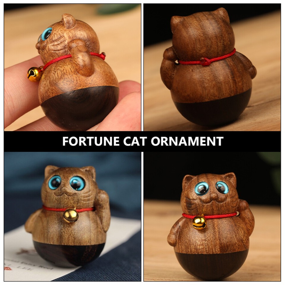 Fortune Cat Tumbler Ornament Wooden Figurine Wood Cat Statue Car