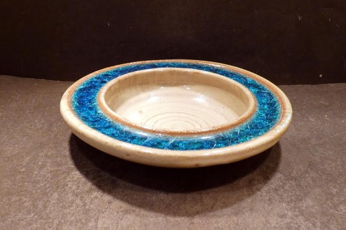 Mid Century Tan & Turquoise Crackle Glass Bowl, Lee Rosen, Design Technics MINT - Picture 2 of 5