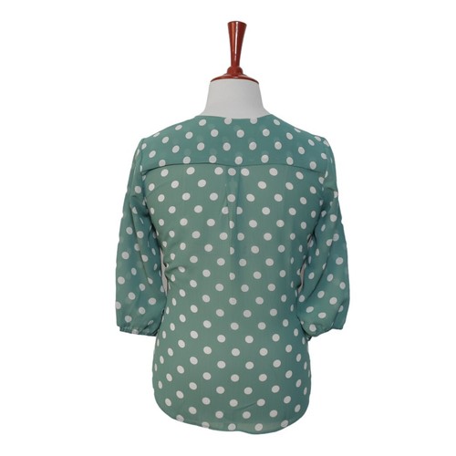 Womens Silky Blouse Polka Dot Green White 3/4 Sleeve V-Neck Casual Top Large - Picture 2 of 6