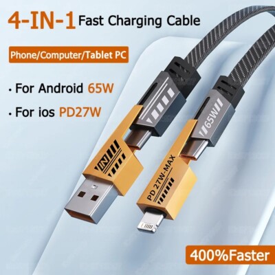 ''65W Multi 4-in-1 Fast Charger Cable   USB to Type-C, iPhone & Micro USB''