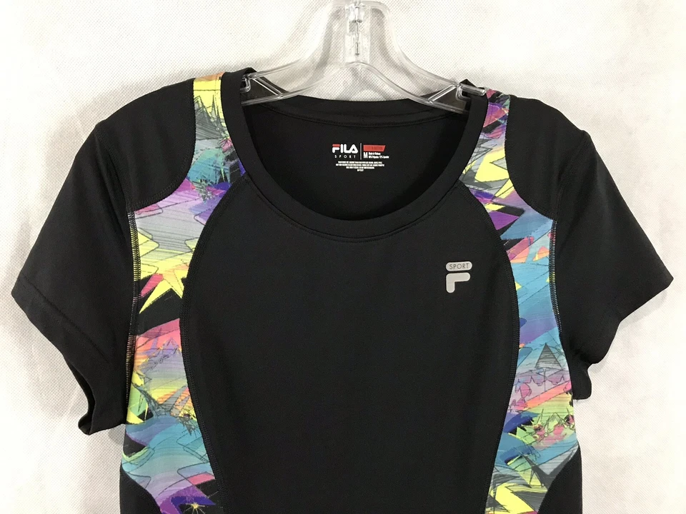 Top deportivo Fila entrenamiento negro elástico abstracto inserción manga corta talla M Foto 2 de 4