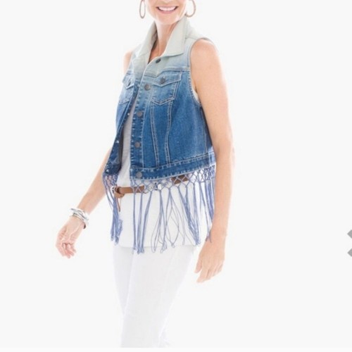 Chicos Ombre Denim Fringe Boho Preppy Festival Rodea Western Vest M - Picture 4 of 6