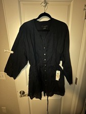 Calvin Klein NWT Plus Size Midnight Blue Pleated Cotton Shirt Dress Size 3XL