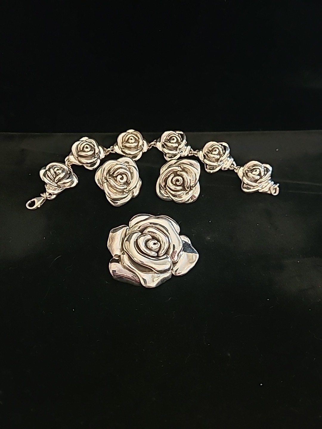 Sterling Silver 925 Rose Bud Bracelet, Pendant, Earrings Set