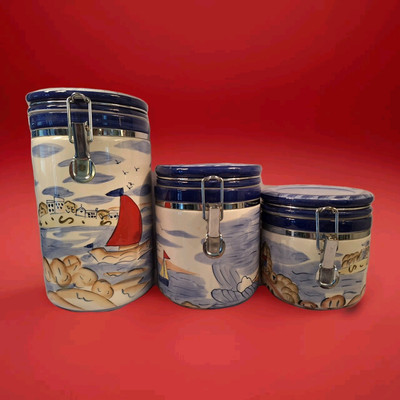 Style Eyes Baum Bros Canisters Nantucket Set Of 3 Lighthouse Sailboat 9'' 6'' 5''