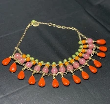 Vintage ZAD Statement Bib Necklace – Colorful Pink, Orange & Green Beaded Choker