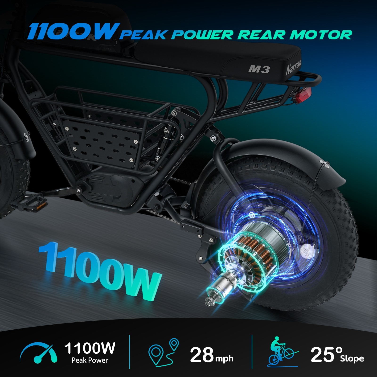 Narrak Electric Bike for Adult,1100W Peak Motor Fat Tire Removable Battery Ebike