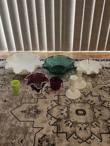 RARE Fenton Plum Opalescent Hobnail Compote + 7pc Lot - 70th Anniv, Uranium, Amb