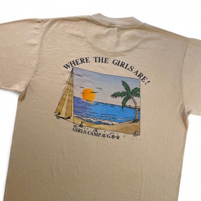 Vtg 80s Where the Girls Are Camp Tee Sunset Beach Jerzees Single Stitch USA Sz M