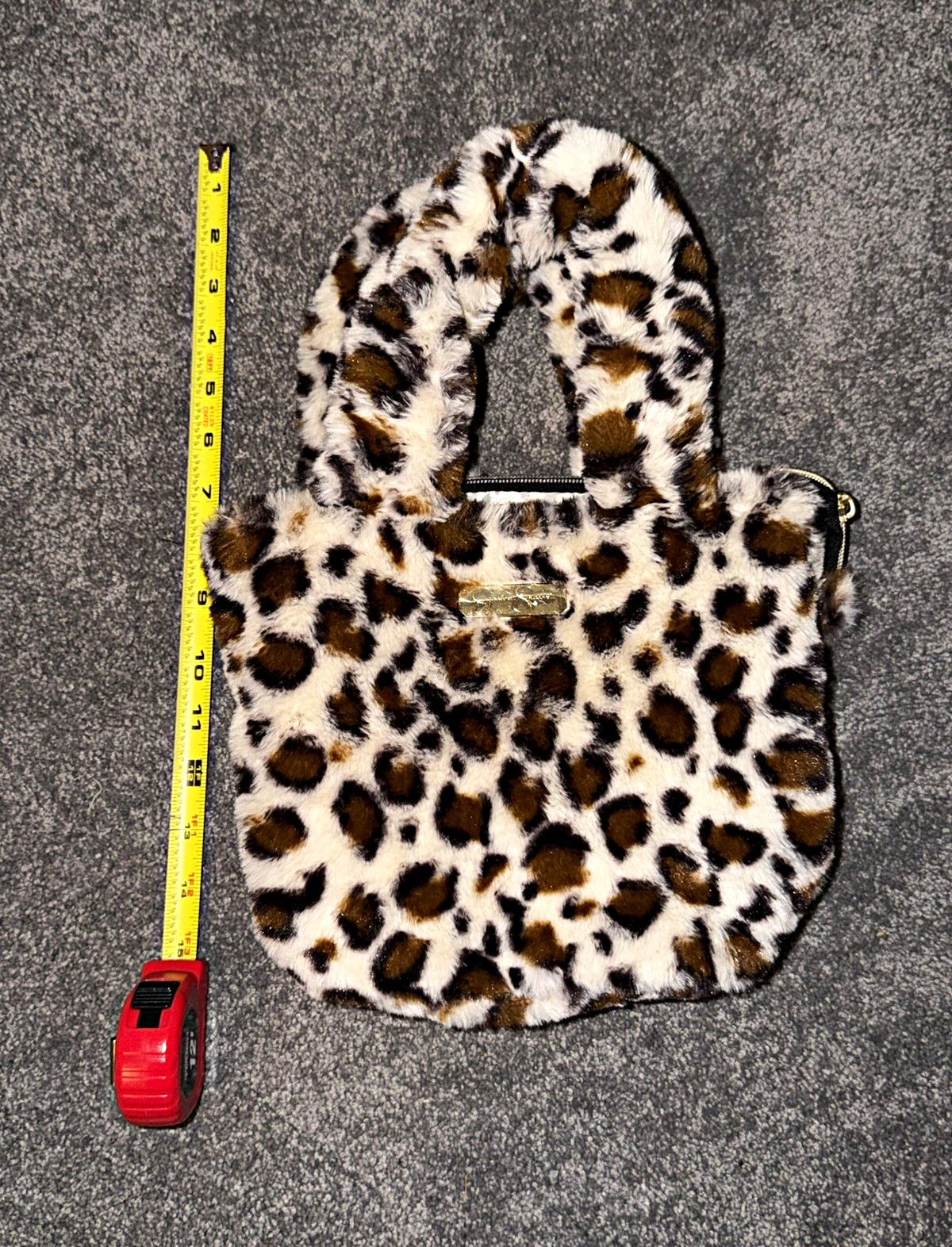 Girls Faux Fur Leopard Print Zip Coin Wallet Pouch, White Brown Black