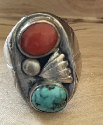 Navajo Ring sterling silber Türkis oval & Koralle rot 2 Steine ca Gr. 57