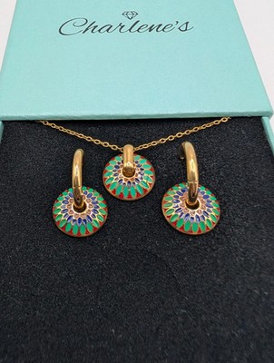 Emaille Mandala grün blau rot Anhänger Ohrringe Set Damen 18k vergoldet Kette