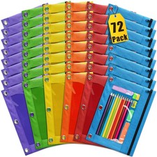 Pencil Pouch 72 Pack Zipper Clear Window 3 Ring Binder Assorted Colors Pouches