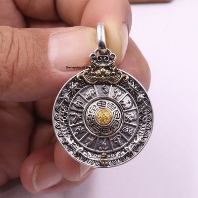 Solid 925 Sterling Silver Buddhist Sutra Round Pendant Ethnic 12 Birth Animals