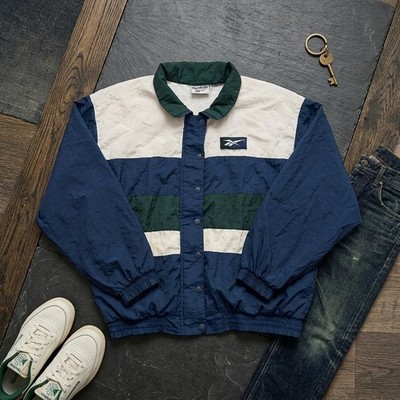 Vintage 90s Reebok Mens Windbreaker Jacket Size L Blue Green Colorblock Flawed
