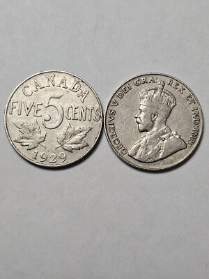 ONE (1) X 1929 CANADA 5 CENTS NICKEL KING GEORGE V F 5 Cents