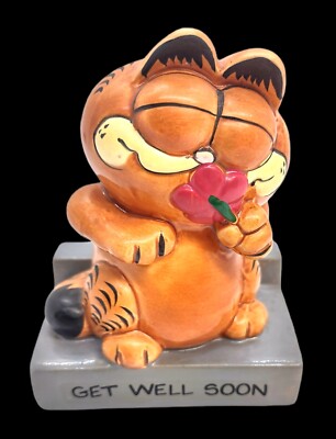 Vintage 1978 Enesco Ceramic GARFIELD THE CAT ''Get Well Soon'' Flower Figurine 4''