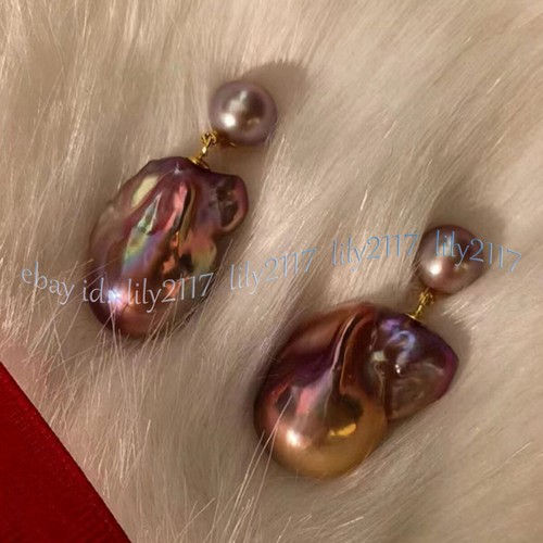 HUGE REAL NATURAL PURPLE KESHI BAROQUE PEARL DANGLE GOLD STUD EARRINGS AAA - Picture 8 of 8