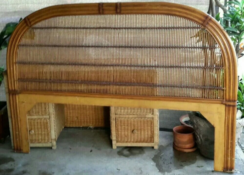 Vintage Burnt Split Bamboo and Rattan Round Dome King Size Headboard ...