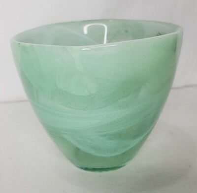 Recycled Art Glass Bowl Votive Holder Eco Glass Teal Green Swirl Made In Spain