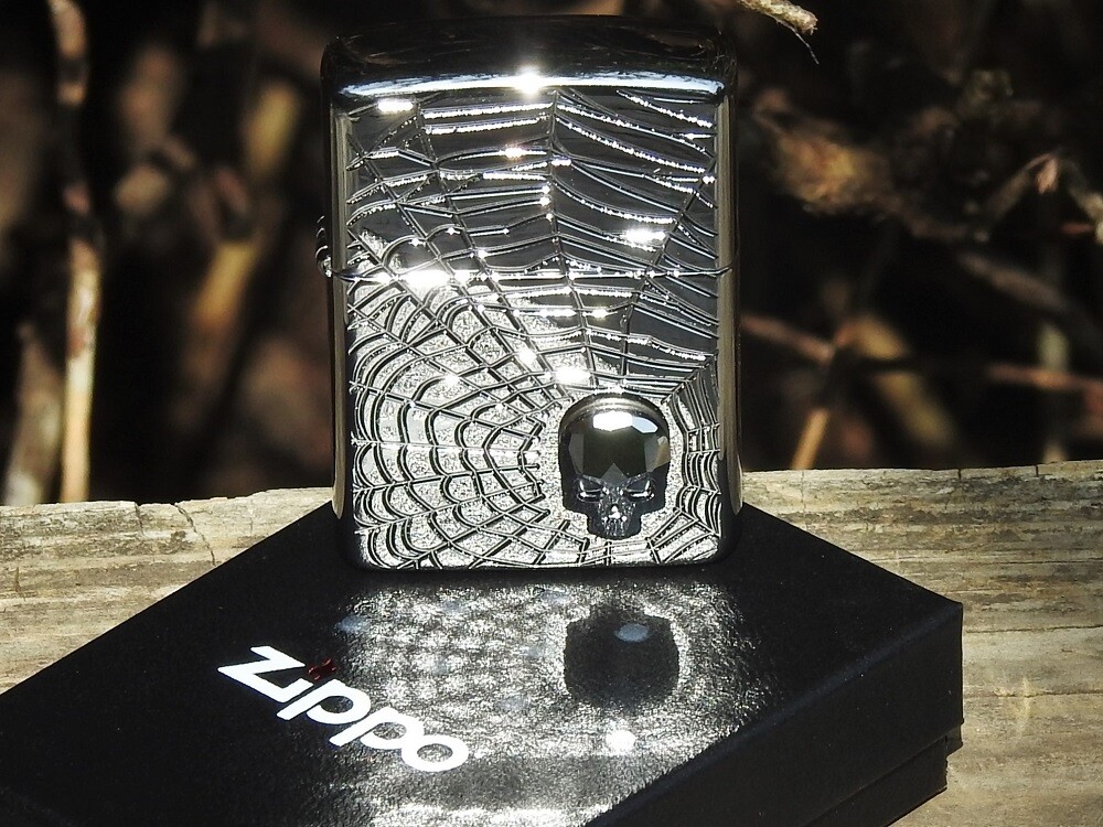 Zippo Lighter - Spider Web Skull - Deep Carved Armor Case