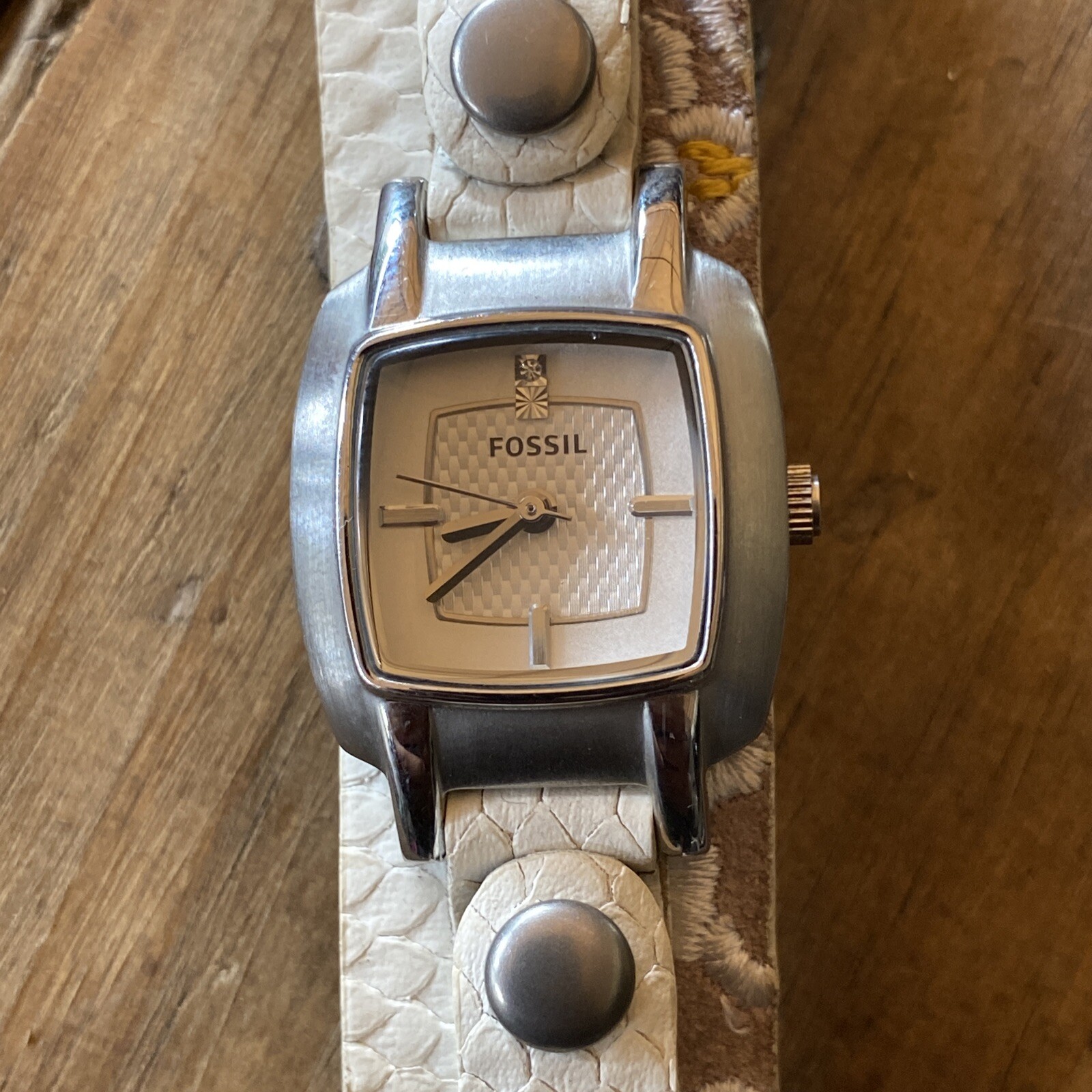 Fossil Silver Square Watch with White Floral Leather Band