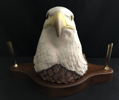 **RARE** HUGE BOEHM BALD EAGLE HEAD 40153 WITH WOODEN DESK PEN STAND FIGURINE
