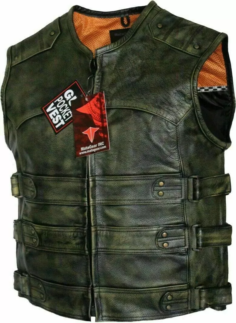 Motorcycle Mens Tactical Brown Buckle Club Vest Leather Vest Concealed Carry