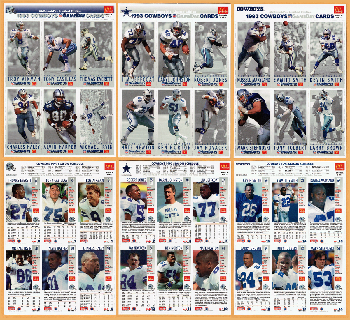 McDonald's Limited-Edition 1993 DALLAS COWBOYS GameDay 3-Card Set