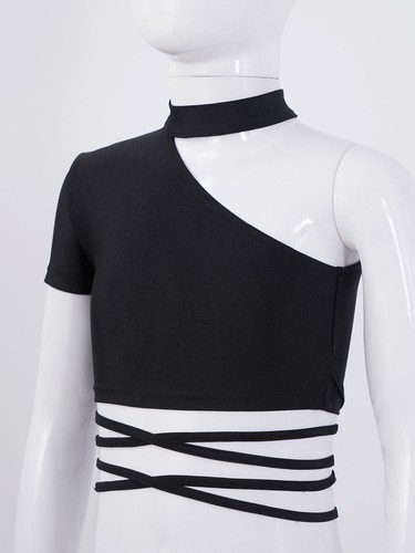 Girls Dance Crop Tops Mock Neck Strappy Sports Tee Shirts Gymnastics Dancewear - Picture 23 of 36