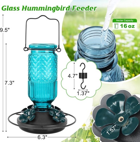 Glass Hummingbird Feeder for Outdoors Hanging, 16 OZ Humming Birds Feeders with - Picture 6 of 6