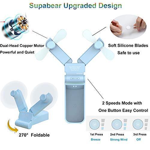 Portable Handheld Fan, Personal Mini Pocket Fan USB Rechargeable Dual Head-Blue - Bild 3 von 6