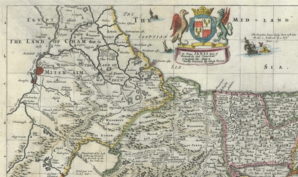 Mapa antiguo "Los cuarenta años de viaje de los hijos de Israel" Moxon, 1690 Foto 4 de 4