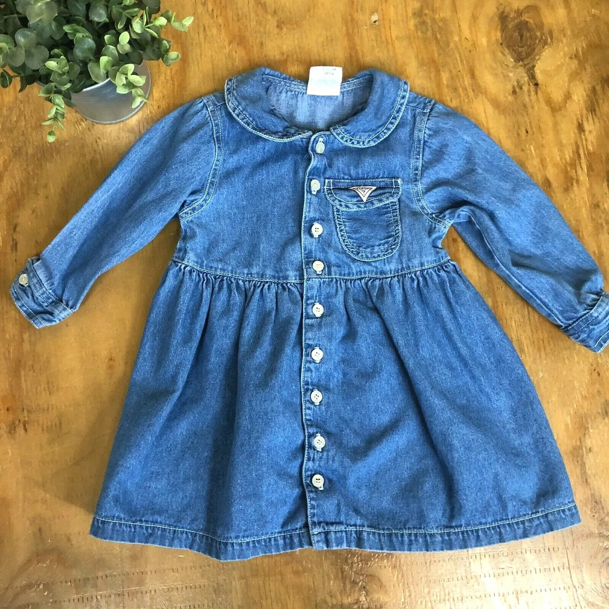 VTG Guess Baby Girls Light Denim Jean Dress Collared Button Size