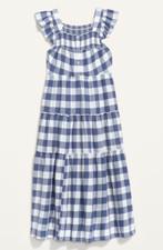NEW Old Navy Blue White Gingham Tiered Flutter Sleeve Midi Swing Dress XXL 2XL