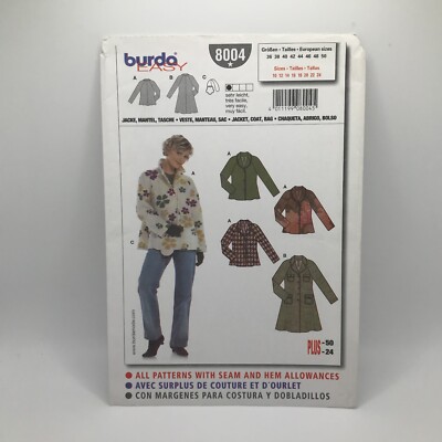 Burda Easy 8004 Womens 10-24 Jacket Coat Bag Sewing Pattern UNCUT